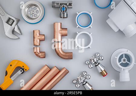 Accessories Of Bathroom Plumbing On White Background Stock Photo