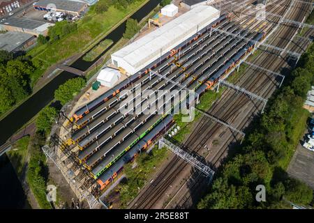 Winson Green, Birmingham 3rd June 2023 - Ongoing pay disputes between the government and the ASLEF and RMT unions saw an almost entire train network shut down on Saturday. Trains were left parked up and unused at Soho traction maintenance depot (TMD) as both unions have rejected the pay offers put forward by the government, with claims there is still strong support for industrial action among their members. Credit: Stop Press Media/Alamy Live News Stock Photo