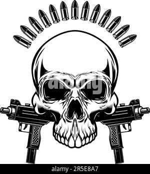 Illustration of the skull with crossed assault rifles. Design element for logo, label, sign, emblem. Vector illustration Stock Vector