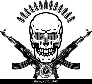 Illustration of the skull with crossed assault rifles. Design element for logo, label, sign, emblem. Vector illustration, Illustration of the skull wi Stock Vector