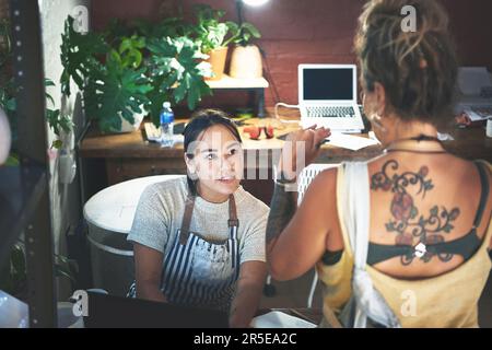 You cant put a limit on a creative mind. two young women using a laptop while working together in a pottery studio. Stock Photo