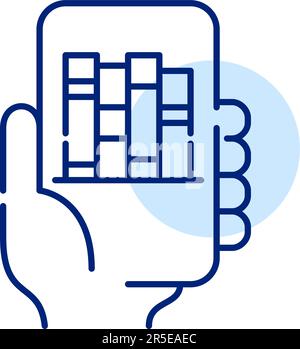 Electronic library mobile app. Hand holding a smartphone. Searching books to read. Pixel perfect, editable stroke icon Stock Vector