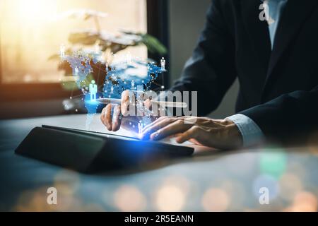 Customer relationship management, CRM. Businessman use tablet with global structure customer internet network technology. Human Resource, HR. Customer Stock Photo