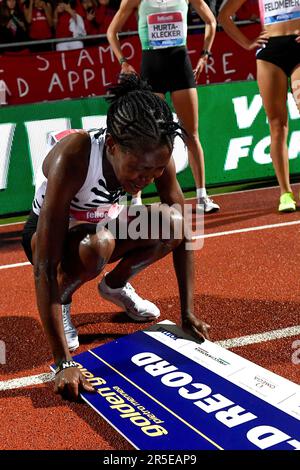 Florence, Italy. 02nd June, 2023. Faith Kipygeon of Kenia reacts at the end of the 1500m women during the Wanda Diamond League Golden Gala meeting at the Luigi Ridolfi stadium in Florence (Italy), June 2nd, 2023. Faith Kipygeon won with the new world record. Credit: Insidefoto di andrea staccioli/Alamy Live News Stock Photo