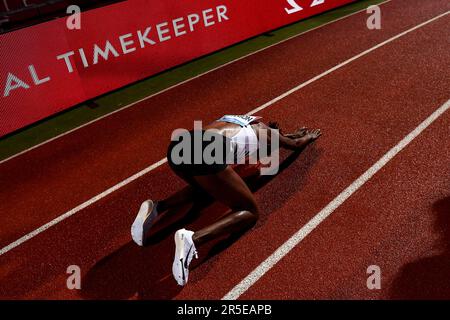 Florence, Italy. 02nd June, 2023. Faith Kipygeon of Kenia reacts at the end of the 1500m women during the Wanda Diamond League Golden Gala meeting at the Luigi Ridolfi stadium in Florence (Italy), June 2nd, 2023. Faith Kipygeon won with the new world record. Credit: Insidefoto di andrea staccioli/Alamy Live News Stock Photo