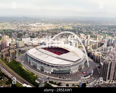 London, UK. 3rd June, 2023. This photograph was taken using a drone) An aerial view of Wembley Stadium is seen prior to The Emirates FA Cup Final match between Manchester City and Manchester United at Wembley Stadium during the The FA Cup match at Wembley Stadium, London. Picture credit should read: Gary Oakley/Sportimage Credit: Sportimage Ltd/Alamy Live News Stock Photo