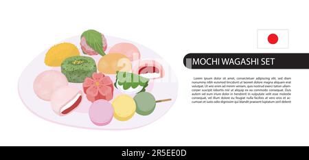 Mochi on plate set. Traditional japanese sweet rice cakes - wagashi, mochi, dango, daifuku. Japan pastry with red bean paste. Vector illustration isol Stock Vector