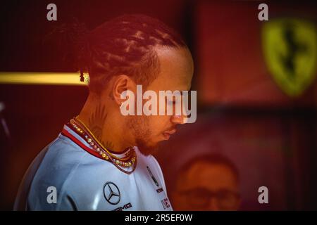 Barcelona, Spain. 3rd June, 2023. LEWIS HAMILTON (GBR) from team Mercedes is seen in the paddock during the practice day of the Spanish GP at Circuit de Catalunya Credit: Matthias Oesterle/Alamy Live News Stock Photo