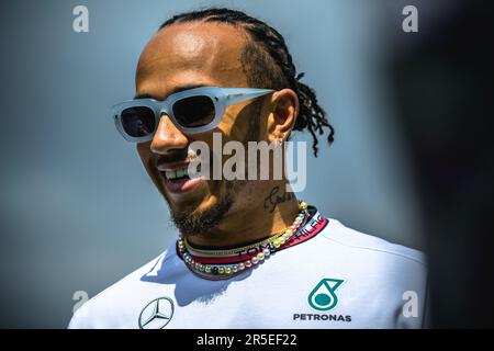 Barcelona, Spain. 3rd June, 2023. LEWIS HAMILTON (GBR) from team Mercedes is seen in the paddock during the practice day of the Spanish GP at Circuit de Catalunya Credit: Matthias Oesterle/Alamy Live News Stock Photo