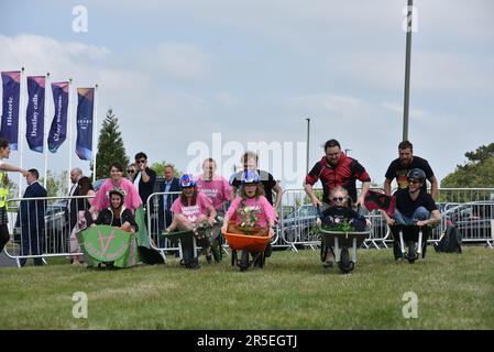 Epsom Downs Surrey, UK. 3 June 2023. Animal Rising stage a one day protest outside Epsom Derby Racetrack. The animal activists organised a day of speeches, music and fun activities. Credit: Andrea Domeniconi/Alamy News Stock Photo