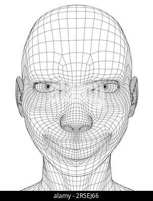 Girl head wireframe with sinister smile facial expression from black lines isolated on white background. 3D. Vector illustration. Stock Vector
