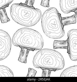 Seamless texture with contours of mushrooms from black lines isolated on a white background. Texture with decorative contours of champignons. Vector i Stock Vector
