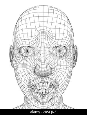 Girl head wireframe with surprised facial expression from black lines isolated on white background. 3D. Vector illustration. Stock Vector