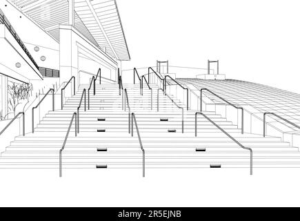 Outline of a large staircase and a building from black lines isolated on a white background. 3D. Vector illustration. Stock Vector