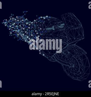 Wireframe of a collapsing motorcycle into fragments with glowing lights from blue lines isolated on a dark background. Perspective view. 3D. Vector il Stock Vector