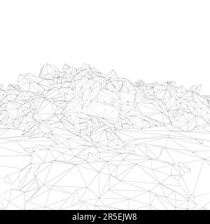 Mountain wireframe with stones from black lines isolated on white background. 3D. Vector illustration. Stock Vector
