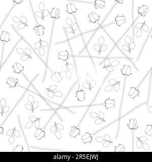 Seamless texture with contours of roses from black lines isolated on a white background. Texture with flowers. Vector illustration. Stock Vector