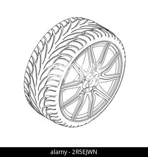 Outline of an automobile wheel from black lines isolated on a white background. Isometric view. 3D. Vector illustration. Stock Vector