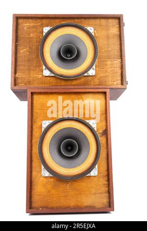 Two vintage speakers with full range drivers isolated on white background. Stock Photo