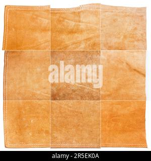 Collection of brown leather textures isolated on white background. Rough uneven edges. Square composite image of leather textures Stock Photo