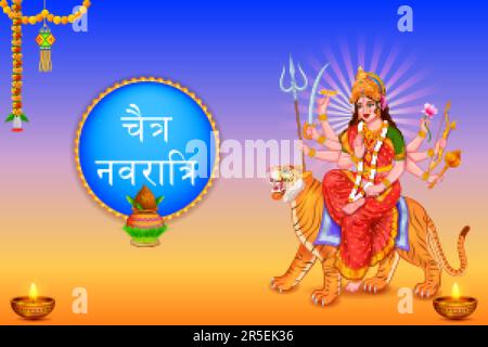 illustration of Goddess Sherawali Maa in Happy Durga Puja Indian religious festival background with Hindi greetings meaning Chaitra Navratri Stock Vector