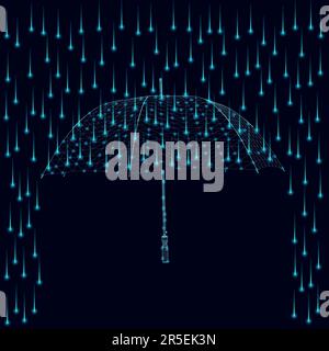 Umbrella wireframe in the rain from blue lines with glowing lights from blue lines isolated on a dark background. 3D. Vector illustration. Stock Vector