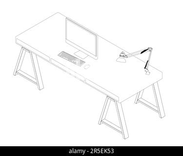 The contour of the workplace with a computer on the table and a lamp made of black lines isolated on a white background. Isometric view. 3D. Vector il Stock Vector