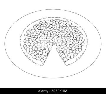 The contour of a pie with berries with a cut piece on a plate from black lines isolated on a white background. Isometric view. 3D. Vector illustration Stock Vector