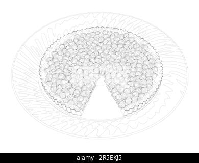 The contour of a pie with berries with a cut piece on a plate from black lines isolated on a white background. Isometric view. 3D. Vector illustration Stock Vector