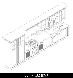 The outline of the finished assembled kitchen from black lines isolated on a white background. Isometric view. 3D. Vector illustration. Stock Vector