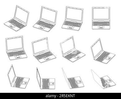 Set with contours of an open laptop turning around from black lines isolated on a white background. Isometric view. 3D. Vector illustration. Stock Vector