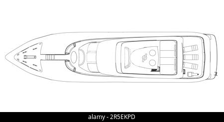 Outline of a large luxury yacht from black lines isolated on a white background. View from above. 3D. Vector illustration. Stock Vector