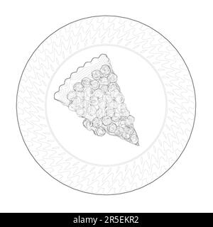 Outline of a piece of pie with berries on a plate from black lines isolated on a white background. View from above. 3D. Vector illustration. Stock Vector