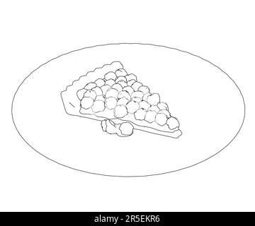 Outline of a piece of pie with berries on a plate from black lines isolated on a white background. Isometric view. 3D. Vector illustration. Stock Vector