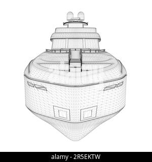 Wireframe of a large luxury yacht from black lines isolated on a white background. Front view. 3D. Vector illustration. Stock Vector