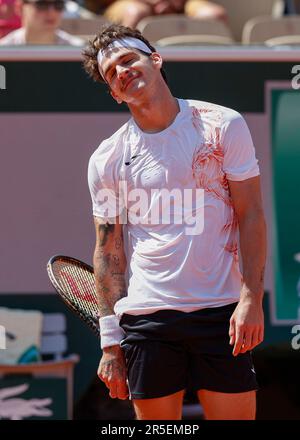 Paris,France, 06 June 2023 Brazilian tennis player Thiago Seyboth Wild in celebrates at the French Open 2023 tennis  tournament at Roland Garros on Saturday 06 June 2023.,  © Juergen Hasenkopf / Alamy Live News Stock Photo