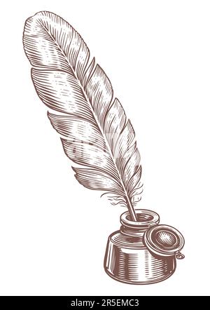 Feather with ink. Inkwell and quill dip pen in vintage engraving style. Hand drawn sketch vector illustration Stock Vector