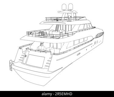 Outline of a large luxury yacht from black lines isolated on a white background. Back view. 3D. Vector illustration. Stock Vector