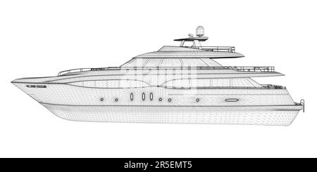 Wireframe of a large luxury yacht from black lines isolated on a white background. Side view. 3D. Vector illustration. Stock Vector