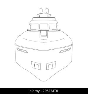 Outline of a large luxury yacht from black lines isolated on a white background. Front view. 3D. Vector illustration. Stock Vector