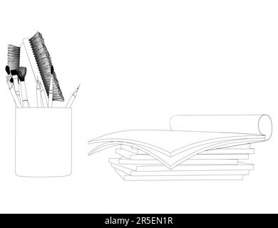 Contour of a glass with brushes and pencils and paper from black lines isolated on a white background. Side view. 3D. Vector illustration. Stock Vector
