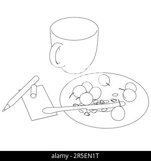 The contour of a mug with a plate with a berry and a handle from black lines isolated on a white background. Isometric view. Vector illustration. Stock Vector