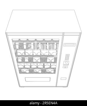 Outline of a vending snack machine from black lines isolated on a white background. Front view. 3D. Vector illustration. Stock Vector