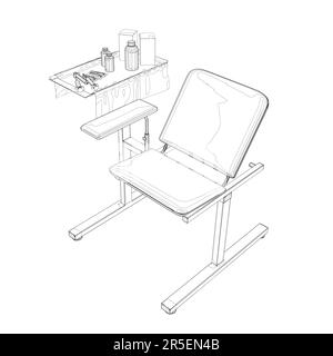 Outline of a hospital chair with a table on the side with medicines and syringes from black lines isolated on a white background. Isometric view. 3D. Stock Vector