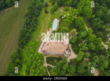Charols, France - 20 May 2023: Panoramic aerial view of Château Les Oliviers de Salettes, Charols in southern France Stock Photo