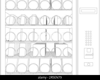 Outline of a vending snack machine from black lines isolated on a white background. Front view. 3D. Vector illustration. Stock Vector