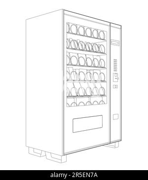 Outline of a vending snack machine from black lines isolated on a white background. Side view. 3D. Vector illustration. Stock Vector