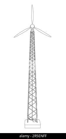 Outline of a wind tower from black lines isolated on a white background. Front view. 3D. Vector illustration. Stock Vector