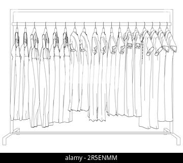 Outline of dresses hanging on hangers from black lines isolated on white background. Side view. 3D. Vector illustration. Stock Vector