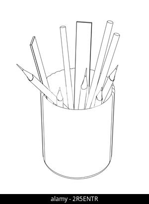 Contour of pencils and rulers in a glass from black lines isolated on a white background. Isometric view. 3D. Vector illustration. Stock Vector